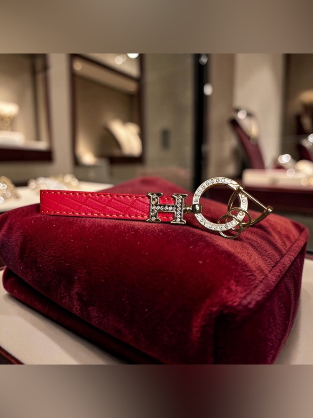 Red Vegan Leather Keychain with Gold Tone Crystal Accents